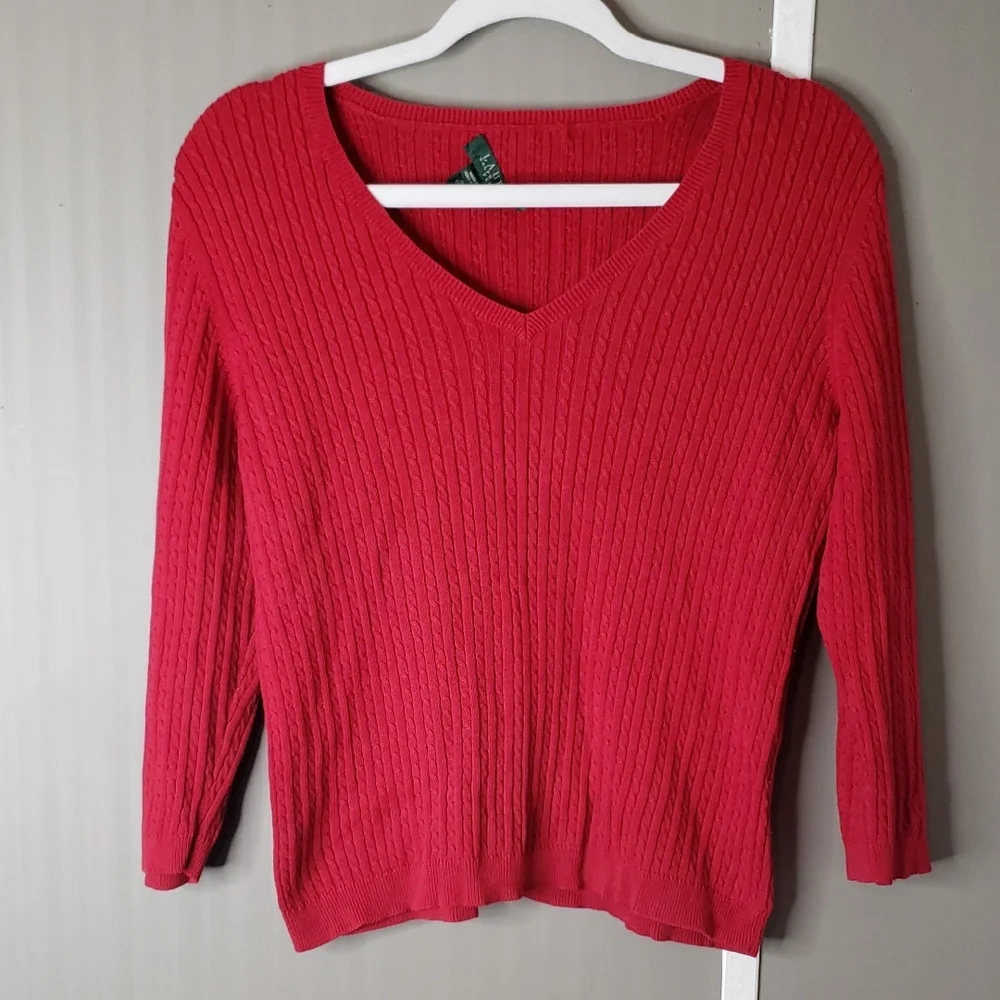 Lauren Ralph Lauren Sweater Cable Knit V-neck Petite Cotton Red Classy Medium PM